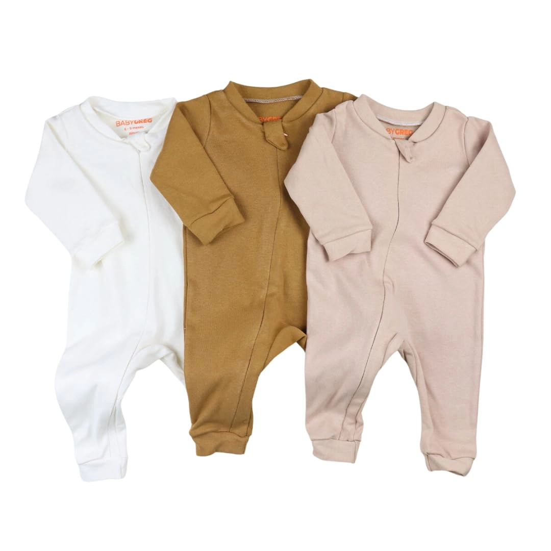 Combo 3 Macacão Minimalista para Bebês de 0 a 12 Meses - Tecido Respirável de Algodão, Abertura em Zíper (Cores Neutras, 6-9 MESES)