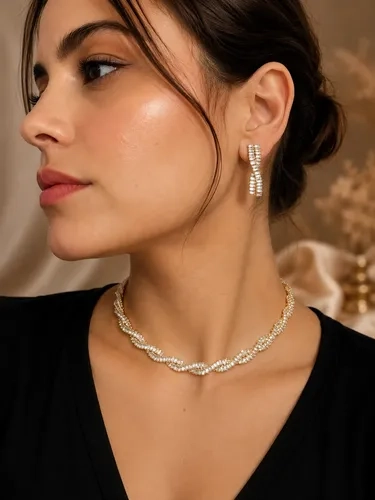 Conjunto Colar Choker Brinco Zircônia Baguete Torcida Ouro
