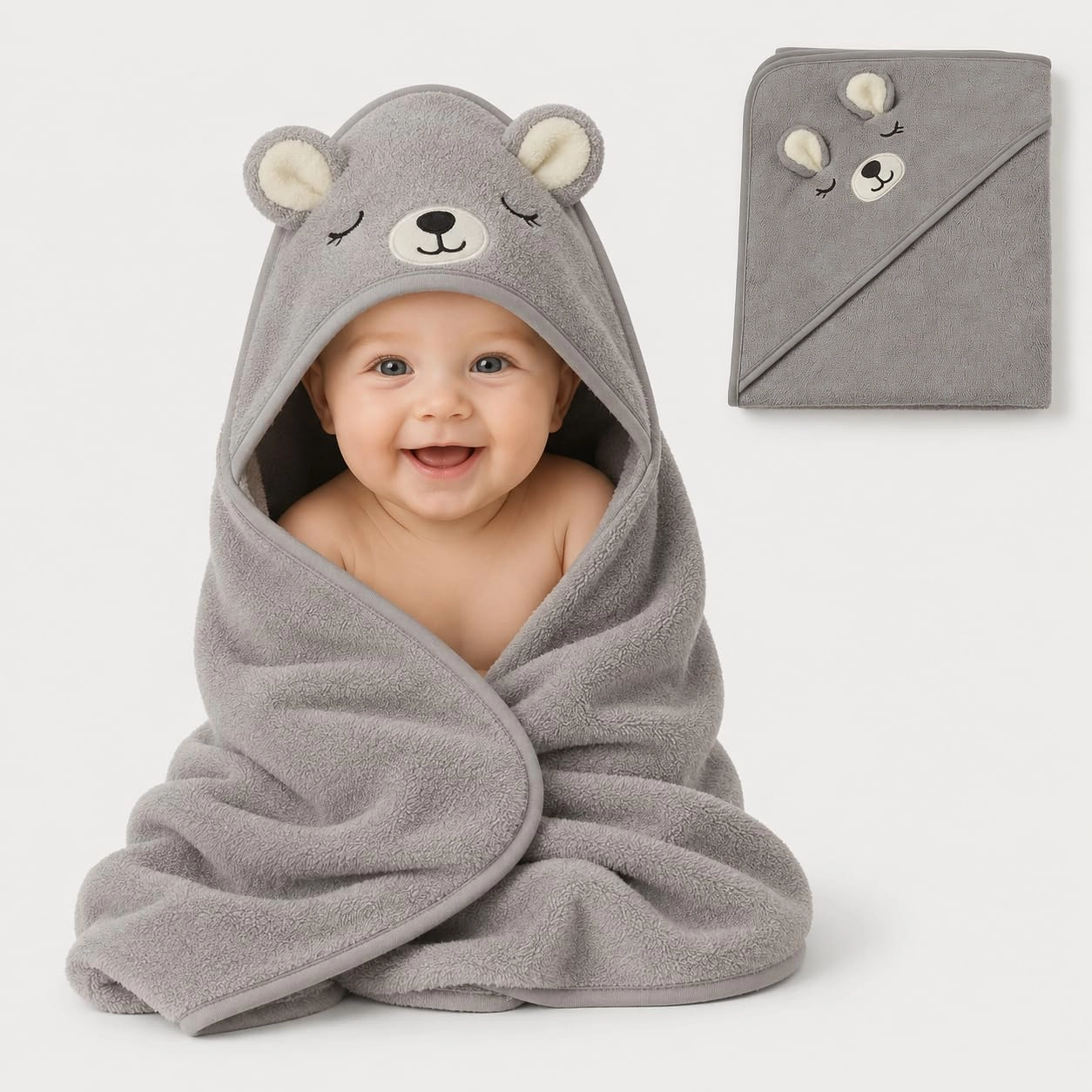 Toalha De Banho Infantil Com Capuz Bichinho Bordado Algodão Toque Extremamente Macio Suave Para Pele do Bebê Recém Nascido (Cinza)