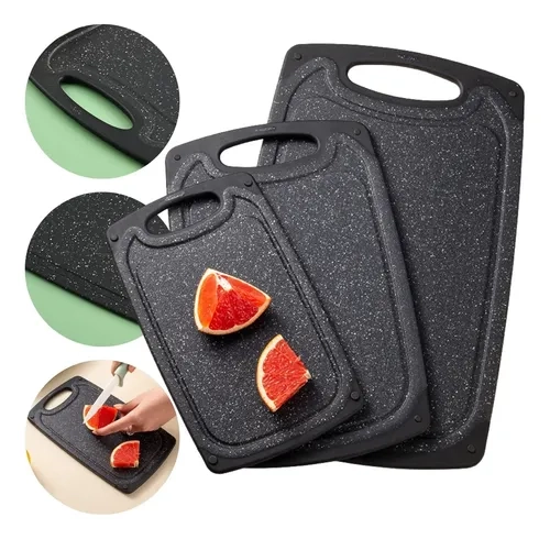 Kit 3 Tábuas Corte Antiderrapante Legumes Churrasco Marmorizado Preto
