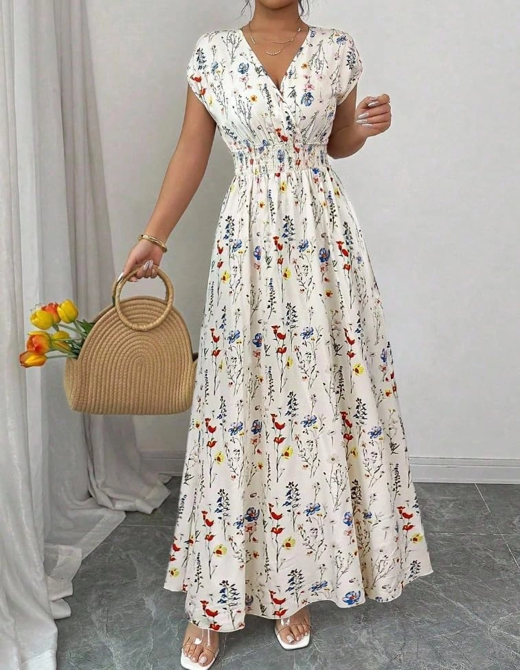 Vestido de verão floral maxi longo com gola em V e manga curta com nó nas costas e cintura franzida estilo boêmio para convidada de casamento e férias na praia, Branco, M