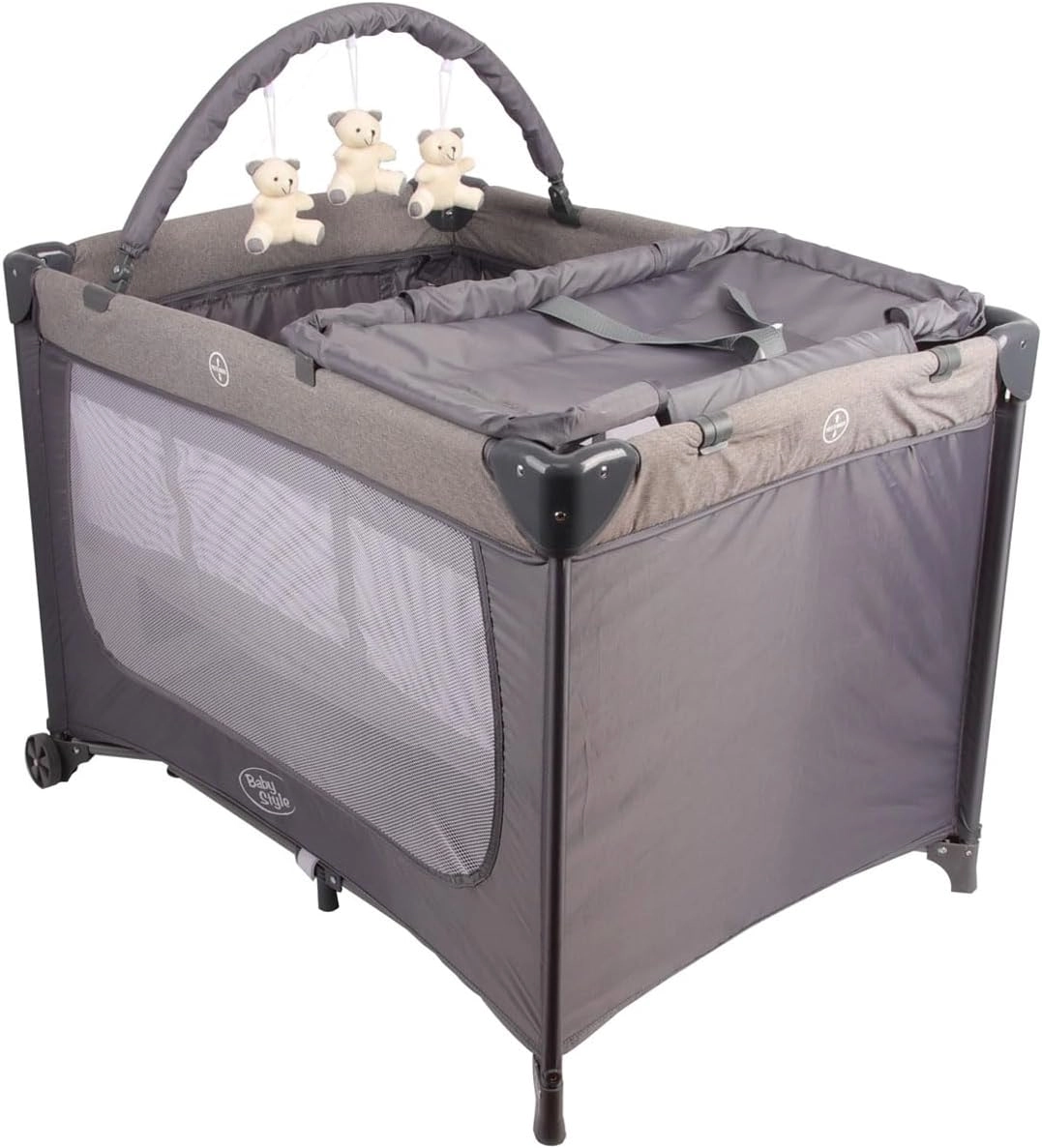 Berço Portátil Infantil Joly Baby Style com Mosquiteiro, Barra de Brinquedos, Trocador e Bolsa - Seguro, Confortável e Compacto INMETRO (Cinza) | Dobrável