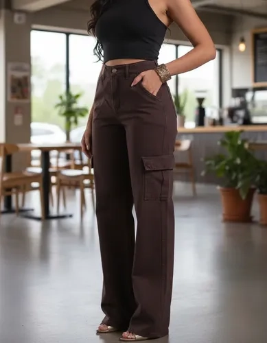 Calça Jeans Marrom Escura Casual Wide Leg Cargo Feminina
