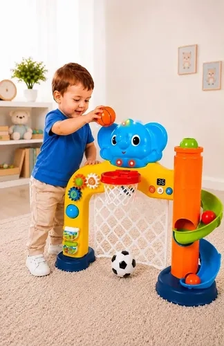 Brinquedo Educativo 5 em 1 Gol Basquete Torre De Bolinhas Musical Luzes Bebê Infantil Coordenação Motora Braveni