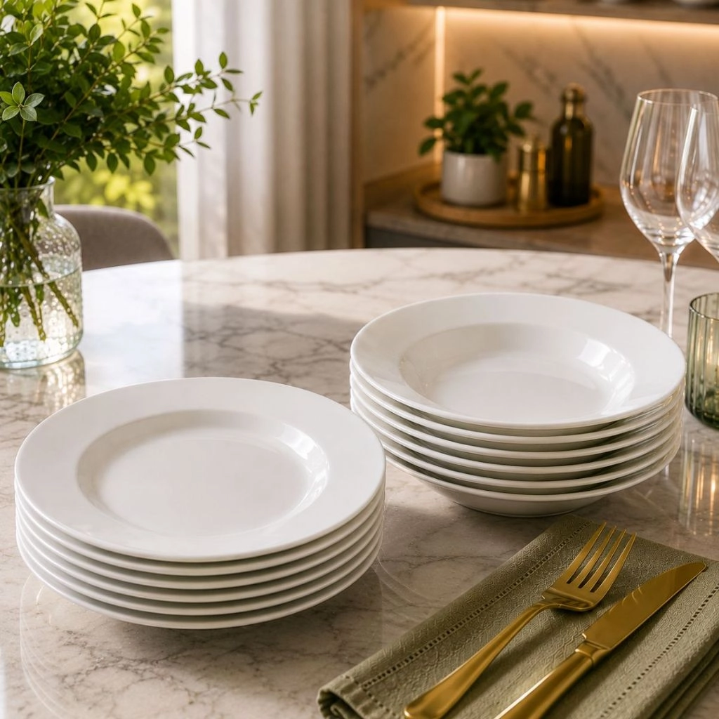 Jogo Kit Pratos Raso e Fundo em Vidro Temperado Branco Menu Opaline Almoço Jantar Hotel
