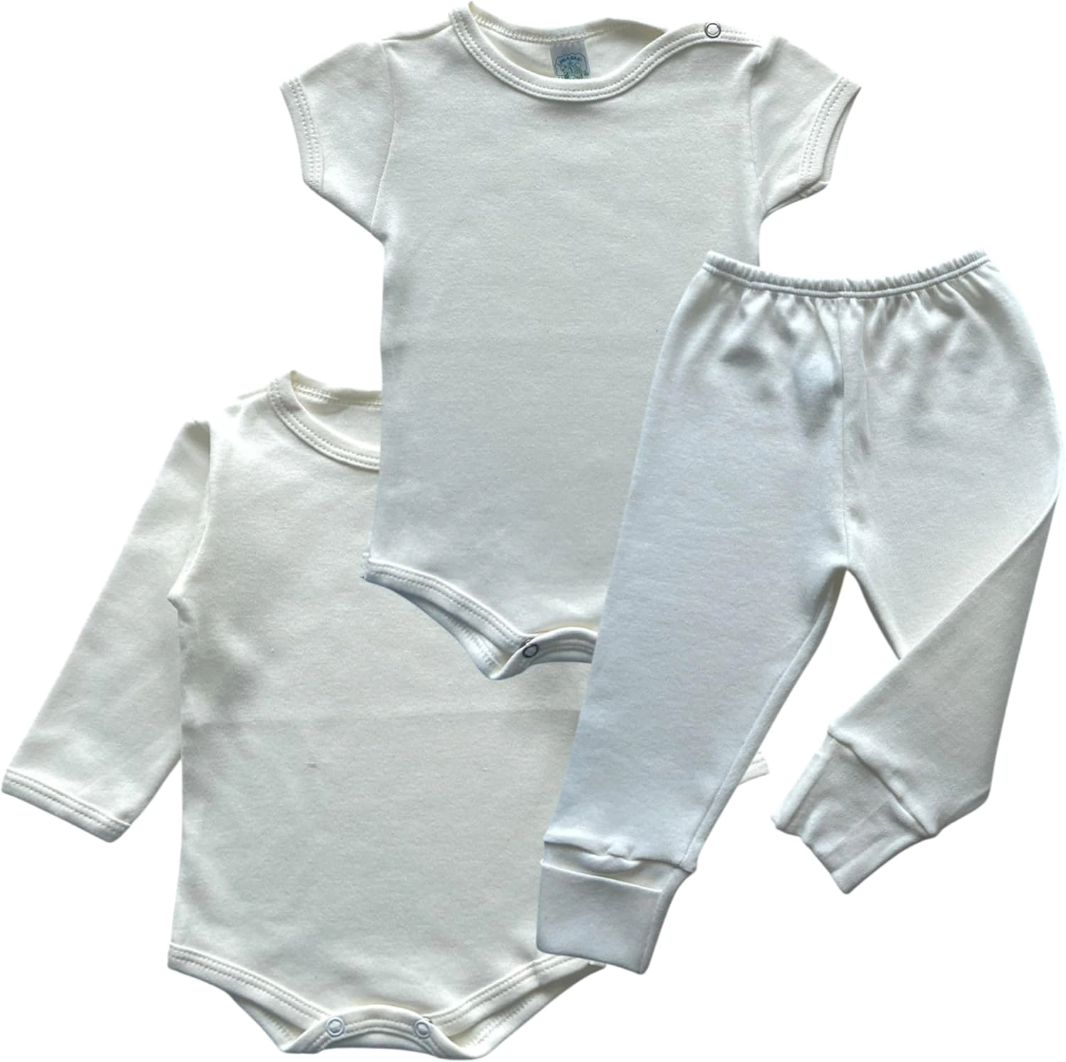 Kit Enxoval Bebê 3 Peças Suedine 100% Algodão Body Manga Curta, Body Manga Longa e Calça Mijão (Off-White, M (3-6 meses))