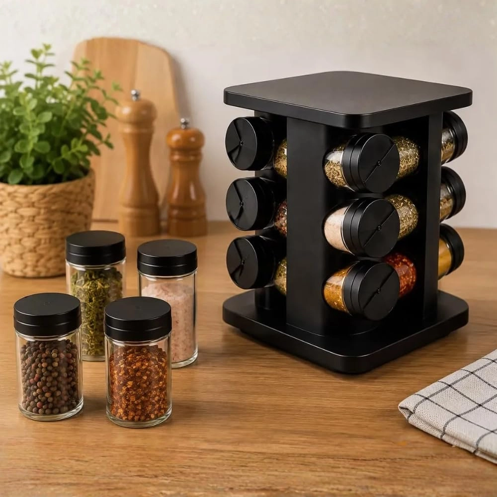 Porta Temperos Giratório 360° com 12 Potes de Vidro 85ml, Organizador de Temperos e Especiarias com Tampas Dosadoras e Etiquetas, Suporte para Cozinha Preto