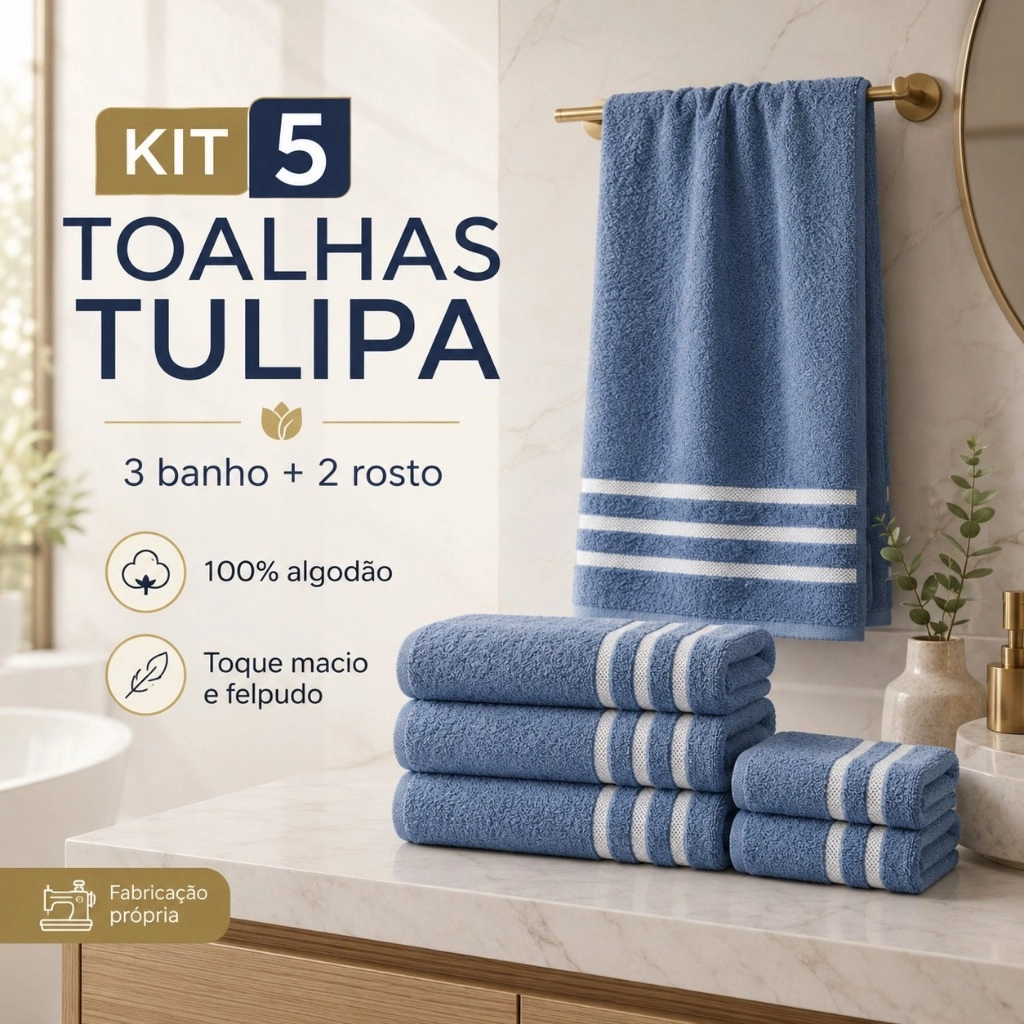 Kit 3 Toalha Banho e 2 De Rosto Tulipa Felpuda 100% Algodão Macia