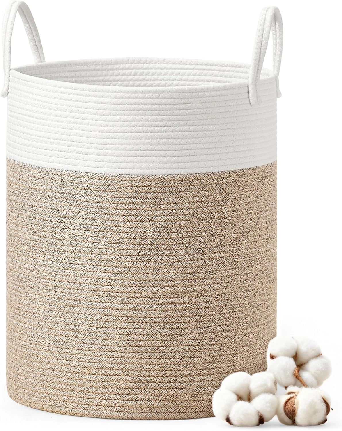 SONGMICS Cesto de Roupa para Crianças, Cesto de Algodão com Alças, para Cobertores, Brinquedos, Sala de Estar, Quarto, Quarto Infantil, 60 L, Branco e Marrom Acinzentado BRRLH061LZ01