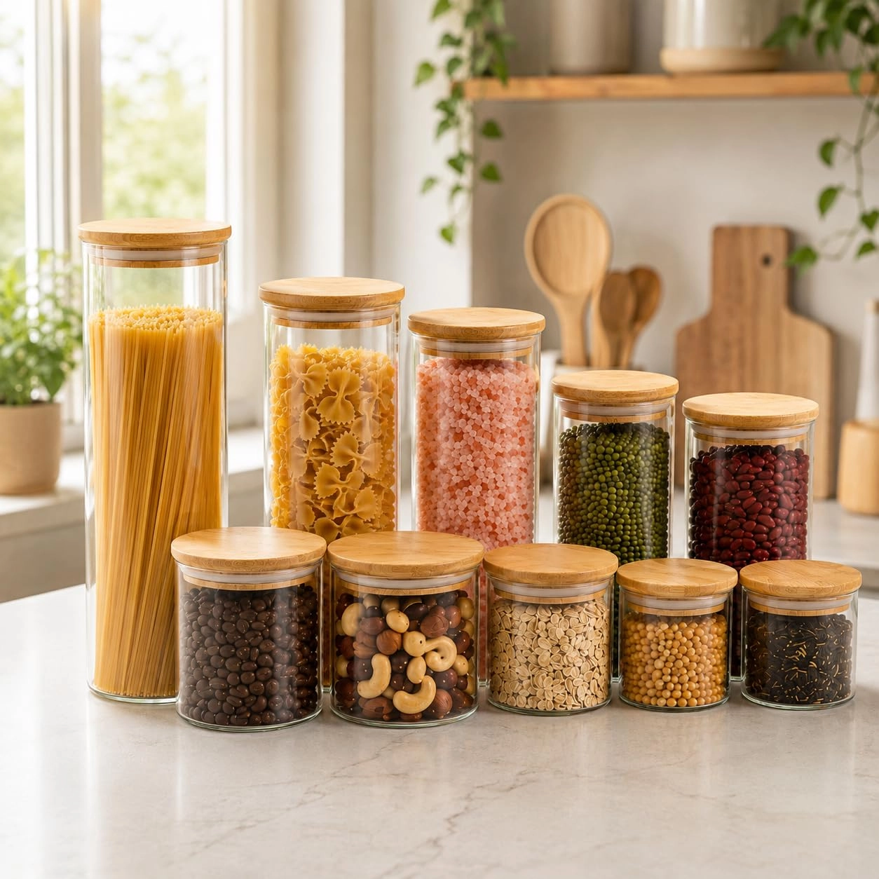 Kit 9 Potes de Vidro Redondos com Tampa de Bambu Hermética | Organizadores para Cozinha, Mantimentos, Grãos, Massas e Temperos