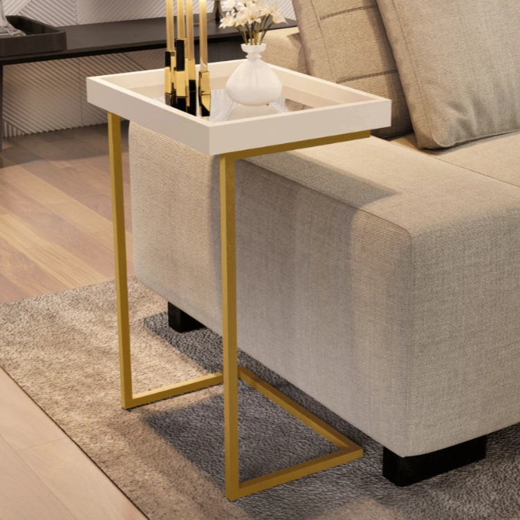 Mesa de Apoio Lateral Luxo de Sofá com Espelho 4774 Perola Off White