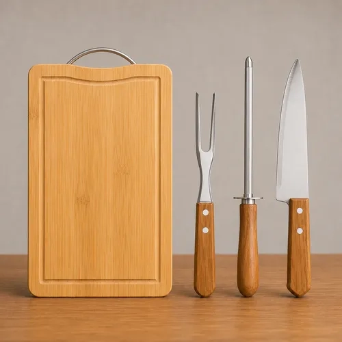 Kit Churrasco 4 Peças Com Tábua Bambu E Utensílios Inox