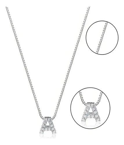 Colar Feminino Letra Inicial Cravejada Prata 925 Letrinha