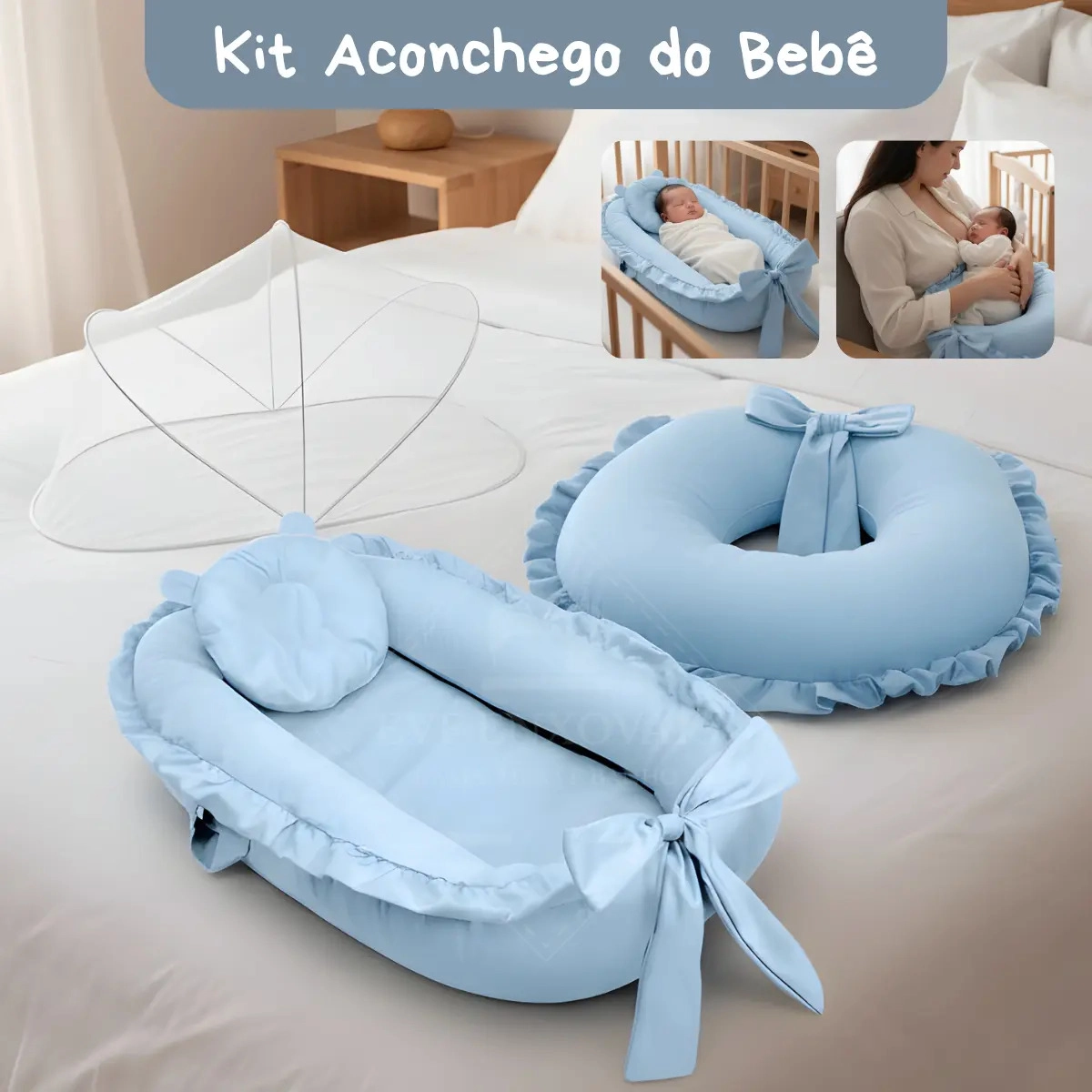 Kit Ninho Redutor e Almofada Amamentação e Mosquiteiro Bebê Maternidade Toque Macio Cor Azul Claro
