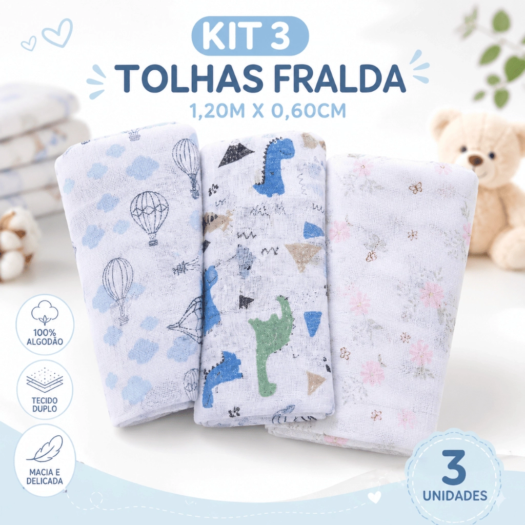 Kit Toalha Fralda 100% Algodão 3 Unidades Bebê Recém Nascido Menina Menino e Neutro