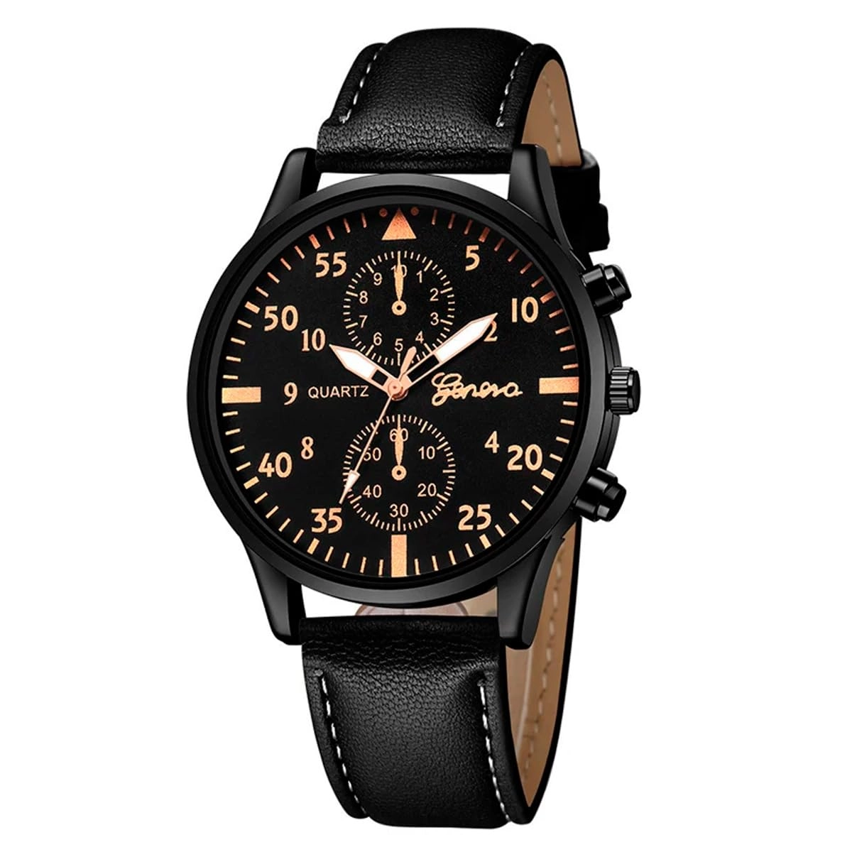 Relógio analógico ponteiro Preto pulseira Couro Quartzo