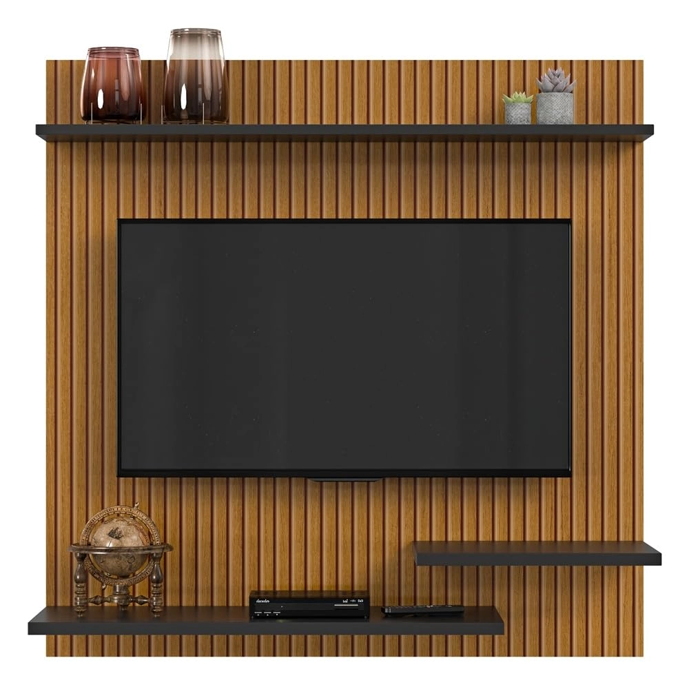 Painel Estante Para TV 32 Polegadas Sala Ripado/Quarto Prateleiras Nichos Madrid (Ripado/Preto)