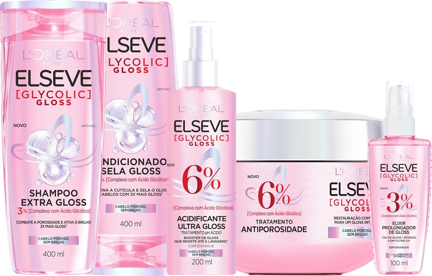 Kit Tratamento Capilar L'Oréal Paris Elseve Glycolic Gloss, Combate Porosidade, 5 Produtos para Brilho e Alinhamento