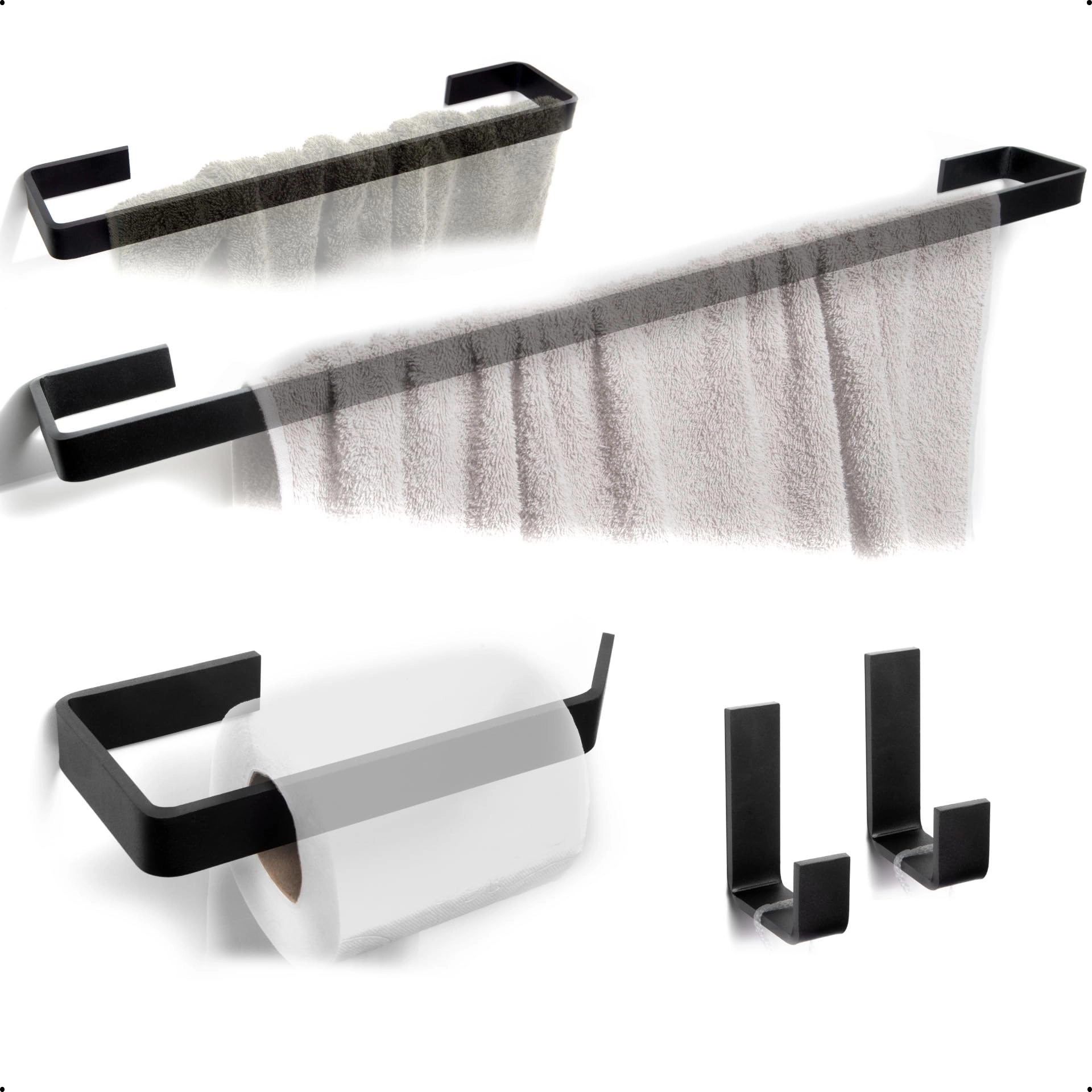 rio design99 – kit banheiro 5 peças – alumínio preto fosco quadrado – toalheiros 60cm 30cm, papeleira, cabide, antiferrugem