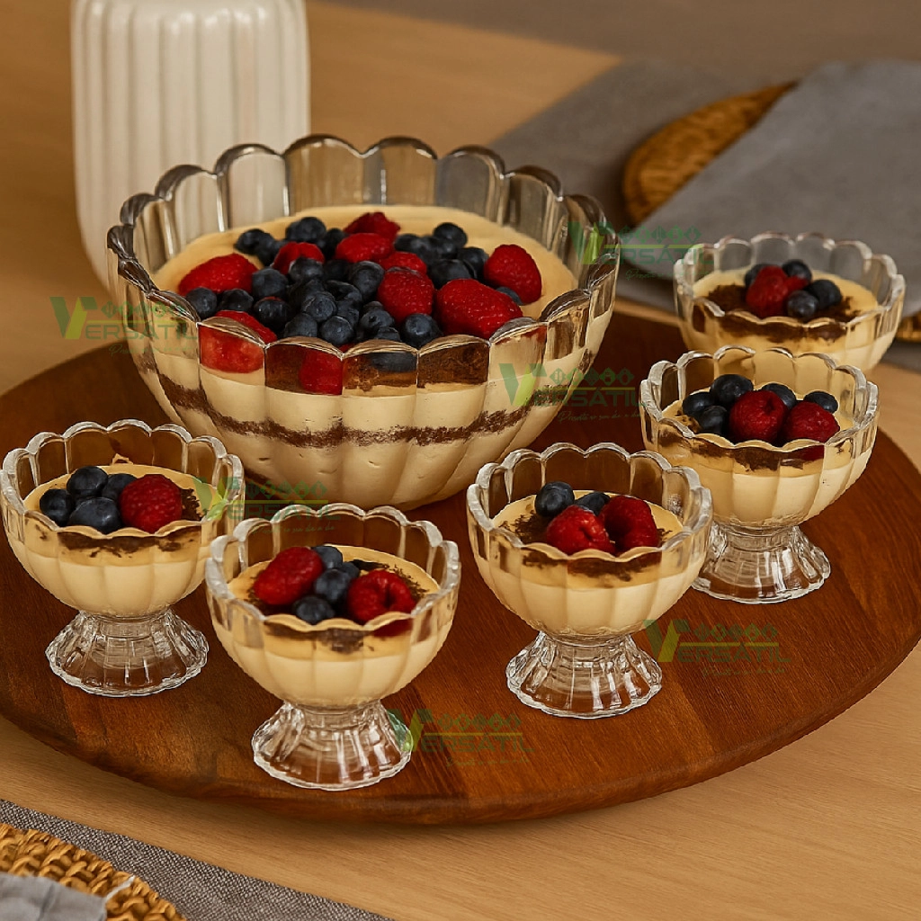 Jogo 7 Peças Wolff Sobremesa 6 Bowl 125ml e 1,1L Mesa Posta Requintada Transparente Luxo Geneva Taça