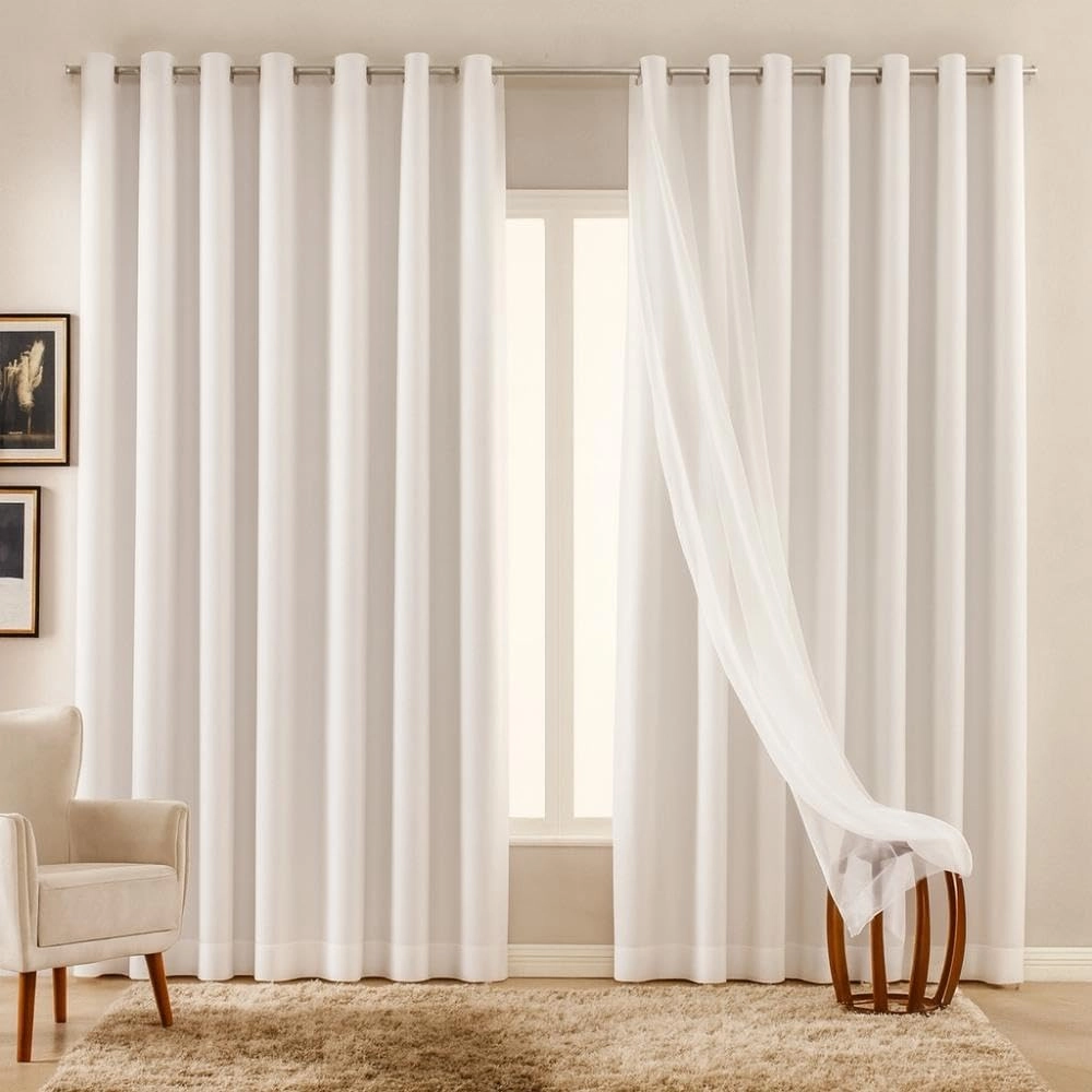 Cortina Em Tecido Blackout com Voil 2,80m x 1,70m - Branco/Gelo Decoração para Sala e Quarto