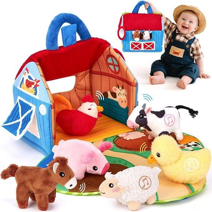 Fazenda de Pano Montessori – Brinquedo Sensorial Fazenda com 6 Animais，Som ao Apertar，Encaixar e Tirar，Estimula Coordena