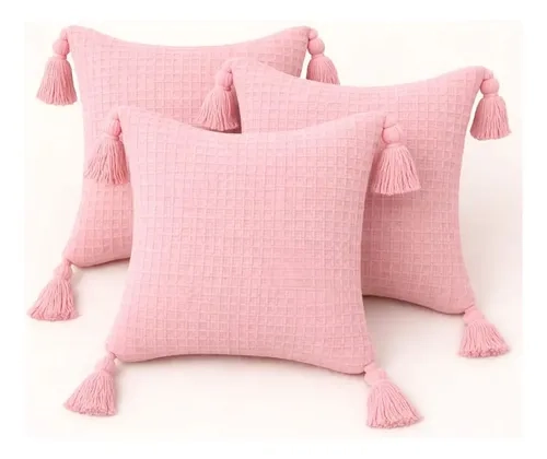 Kit Manta e Capas de Almofadas Algodão Geométrico Rosa-claro para Sofá