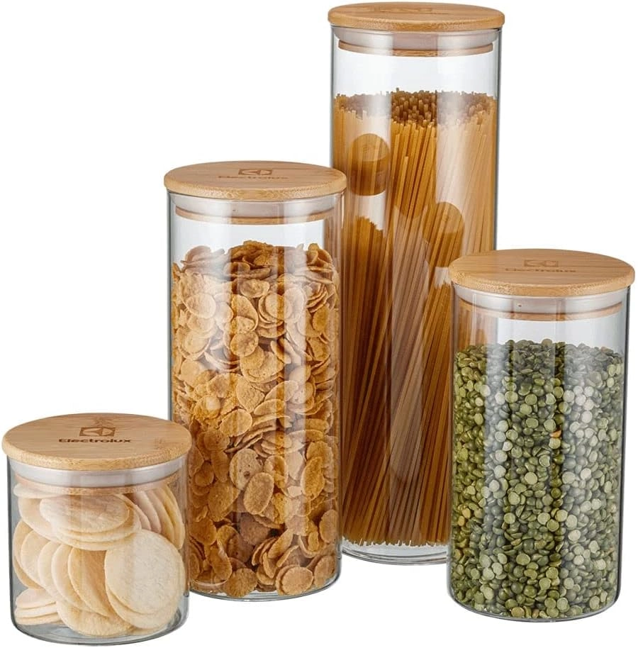 Electrolux Kit 4 Potes de Vidro Herméticos Porta-Mantimentos com Tampa de Bambu, Tampa Vedação de Silicone, Organizadores de Cozinha e Despensa, Transparente, Porta Alimentos, Grãos e Cereais