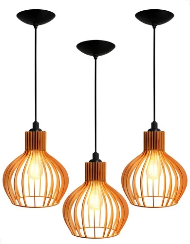 Lustre Pendente Sala Luminária De Teto Cozinha Madeira Kit 3 127/220v Marrom