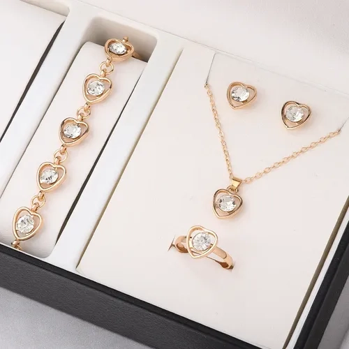 Conjunto Colar Pulseira Brinco Anel Coração Banho Ouro 18k