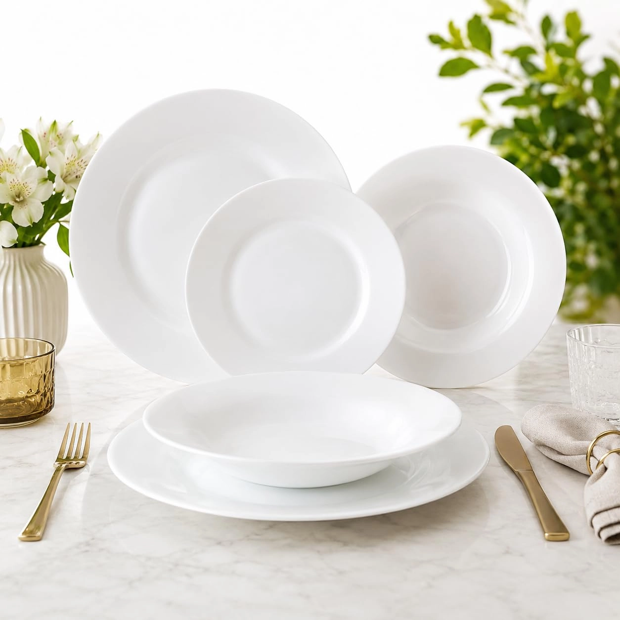 Aparelho de Jantar Opalino Branco 12 Peças | 4 Pratos Rasos 27cm + 4 Fundos 24cm + 4 Sobremesa 20cm | Design Minimalista Elegante