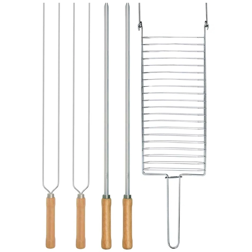 Kit Preparo Churrasco 5pcs Churrasqueira Grelha e Espetos 55cm Simples e Duplo Cabo Madeira