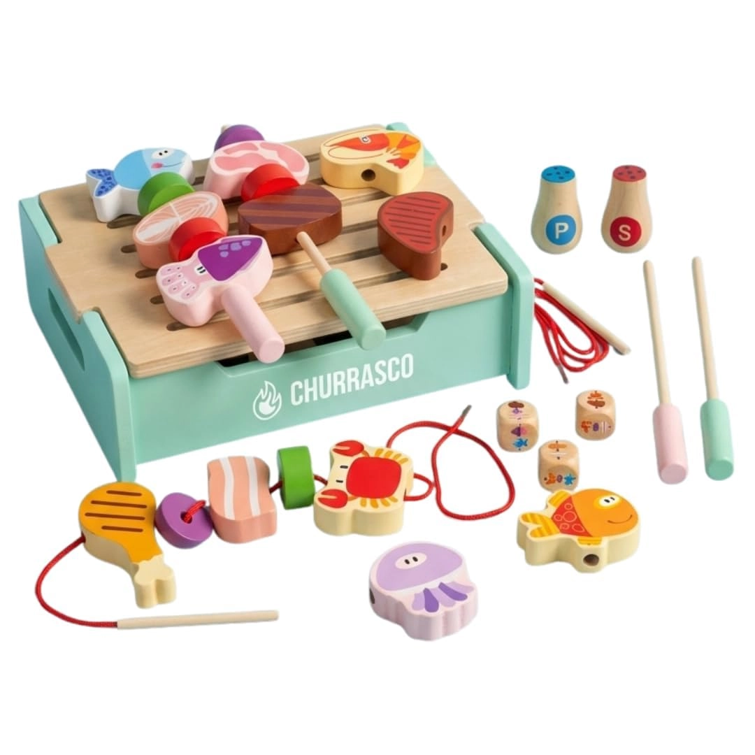 Kinderland Toys Brinquedo de Madeira Churrasco Infantil Kit Cozinha Montessori Educativo de Montar e Alinhavo Comidinha Peixe Carne Presente Menina Menino 3 4 5 Anos
