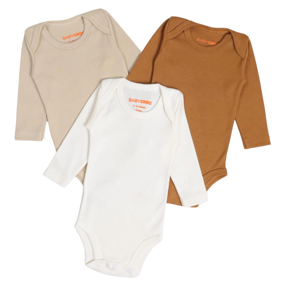 Kit 3 Body Minimalista Manga Longa Para Bebê Unissex Menina Menino Baby Greg - 100% Algodão 0 A 9 Meses (Caramelo, Bege e Off White, M - 3 a 6 meses)