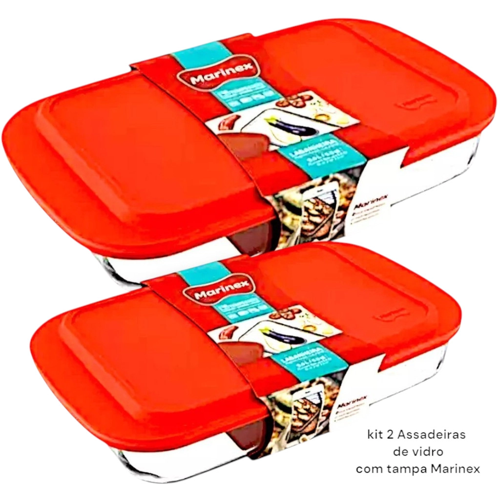 Lasanheira  Assadeira de vidro com tampa Marinex kit 2 Travessa 5 litros e 3.7 litros