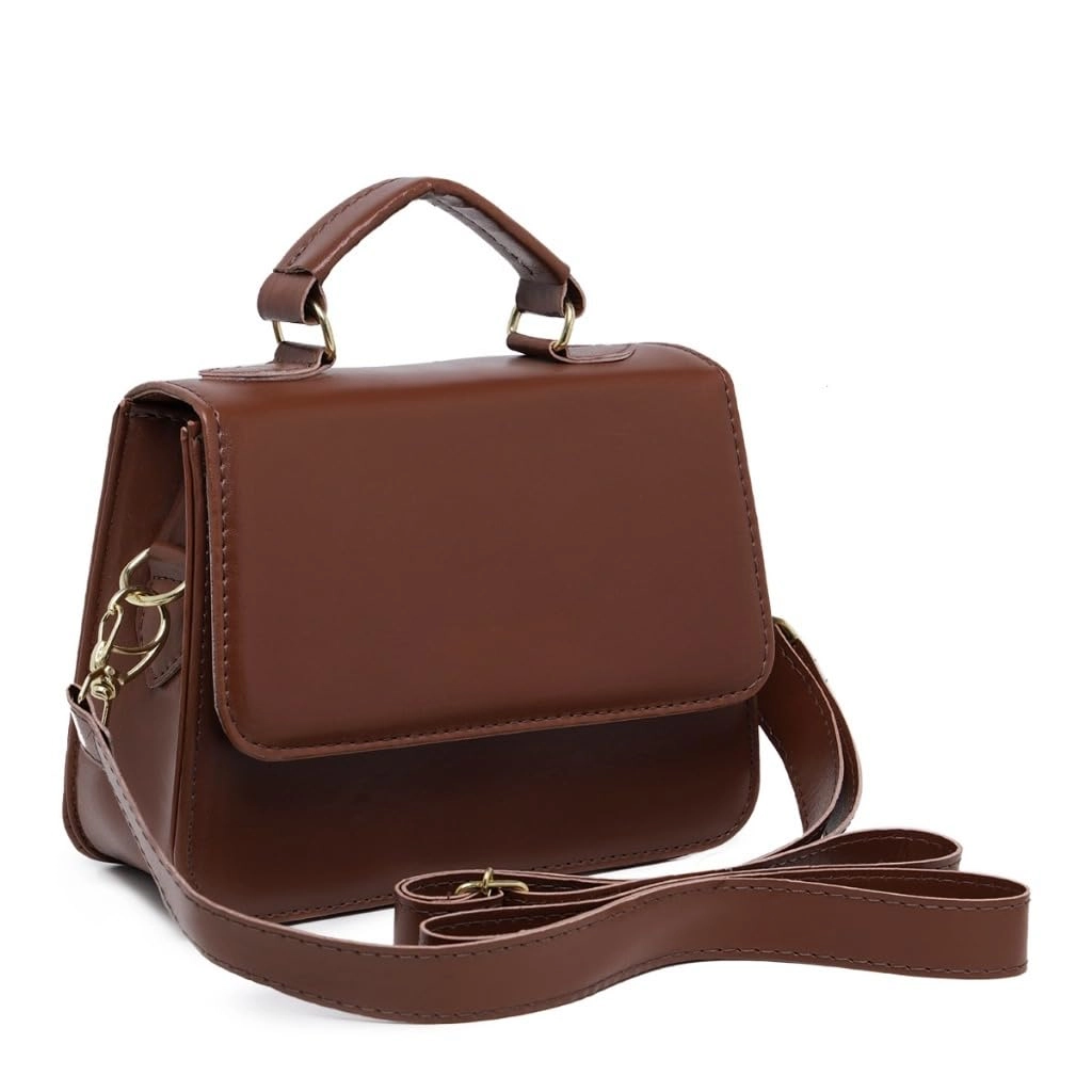 Bolsa Feminina Elegante, Alça Transversal, Couro Sintético Preto, Detalhes Dourados, Estilo Clássico (Caramelo)