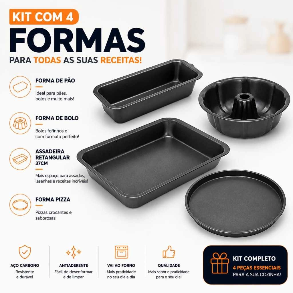 Kit 4 Pecas Forma Redonda Com Furo Meio Bolo + Forma Pizza + Assadeira Retangular 37 Cm + Forma Pao Caseiro Aço Carbono