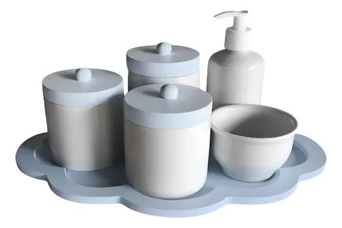 Kit Higiene Bebê Porcelana Maternidade Azul Menino Potes