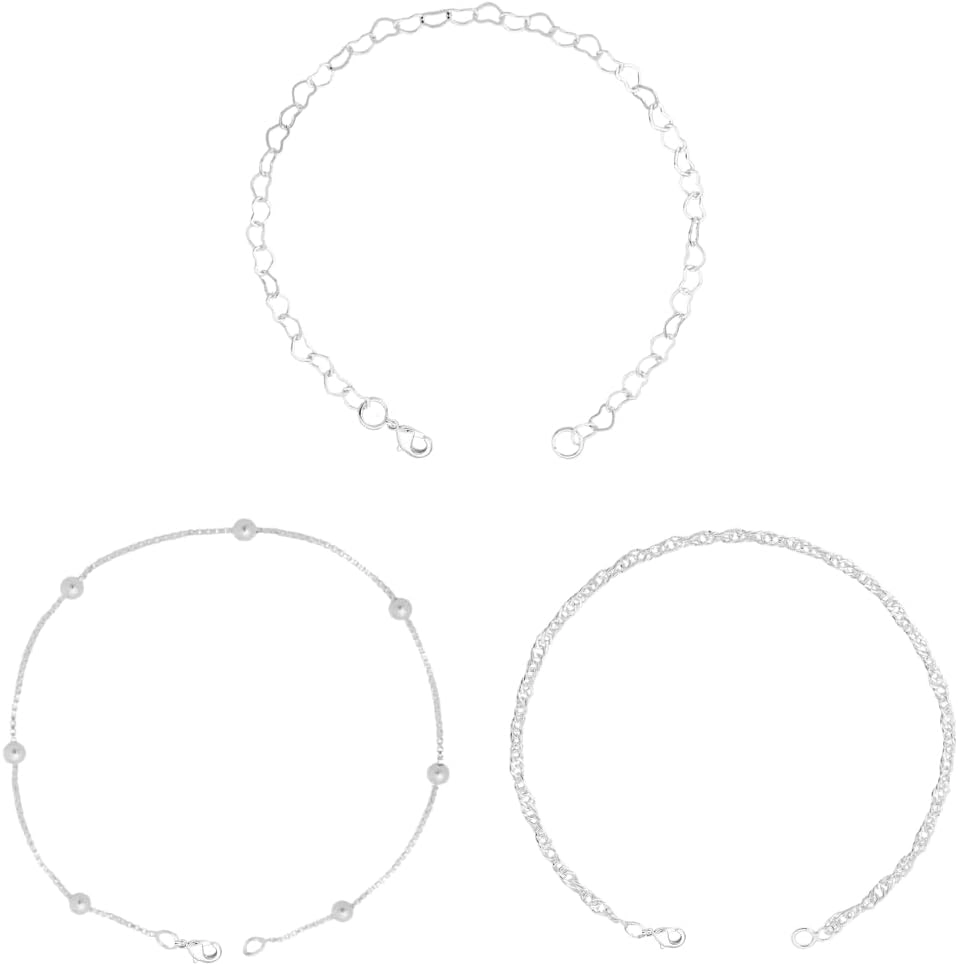 Kit 3 Pulseiras Singapura, Coração, Bolinha Folheadas Premium Prateado Conjunto Três Peças
