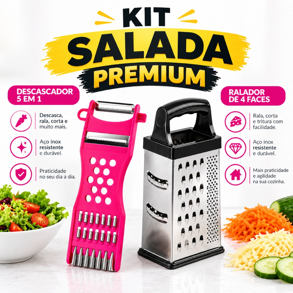 KIT SALADA PREMIUM (1 Descascador 5 em 1 + 1 Ralador 4 Faces) Aço Inox Resistente