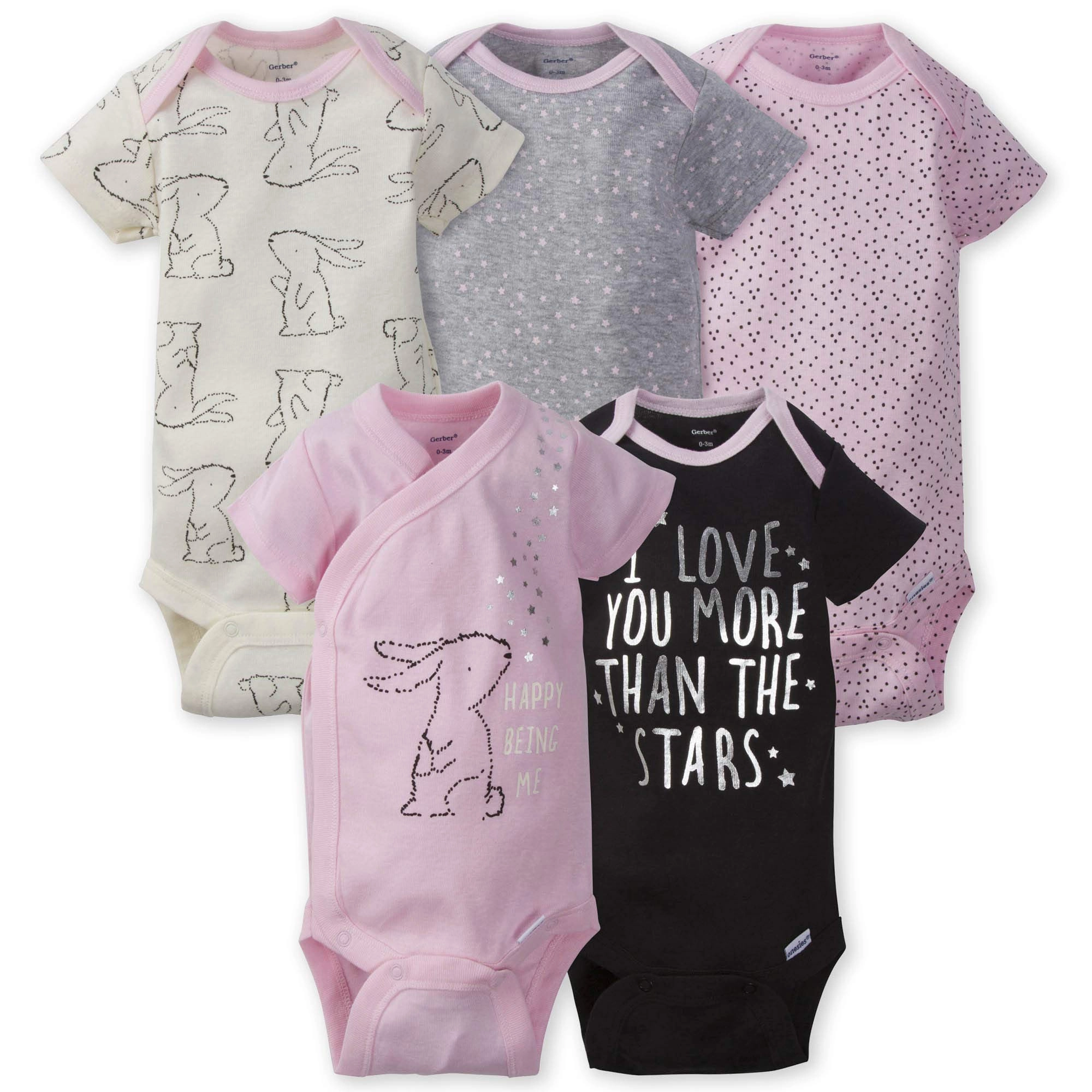 Gerber Macacões variados de manga curta para bebês meninas, Pink Bunny Love, 0-3 Meses