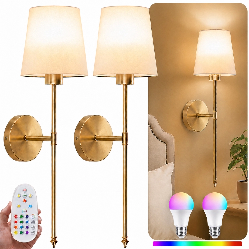 Kit 2 Arandelas Parede Dourada Cúpula Cônica Tecido Bege, RGB Controle Remoto, Lâmpada Recarregável ou Fio Quarto Sala