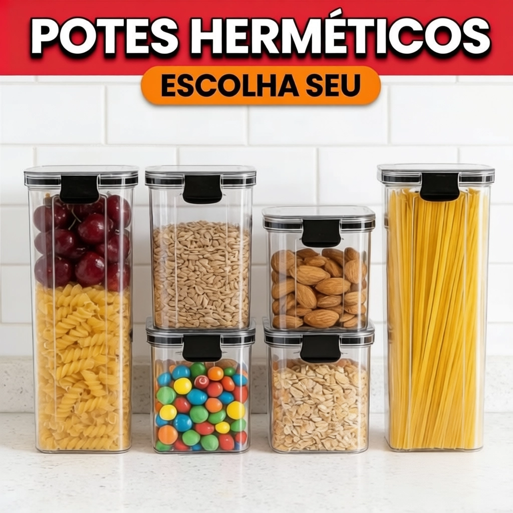 Monte seu Kit Pote Hermético Porta Mantimentos Organizadores de Cozinha Dispensa Armário Alimentos
