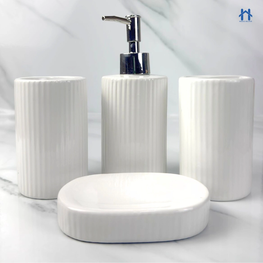 Kit de Banheiro Cerâmica com 4 Peças Porta Sabonete Líquido/Saboneteira/Porta Escova/Porta algodão