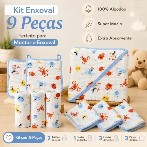 Kit 9 Peças Toalha Banho Bebê Fralda Pano De Boca Babete