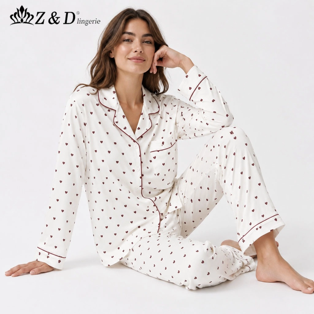 Z&D Pijama Feminino Manga Longa com Botões Camisa e Calça Estampa Mini Corações Confortável SY62-4