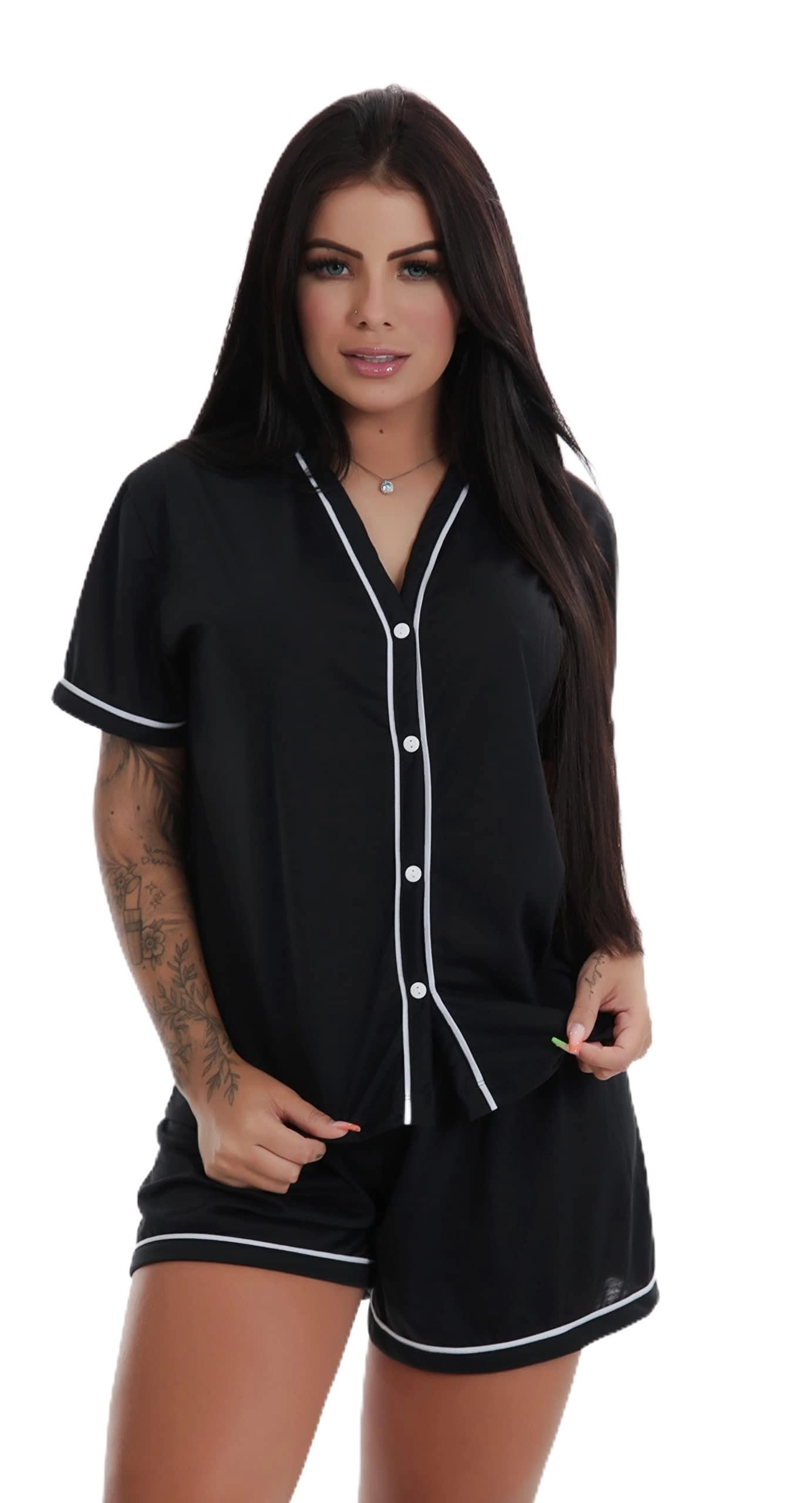 Pijama Curto Botão Blogueirinha Aberto Amamentação Charme Delas (as2, alpha, m, regular, regular, PRETO)