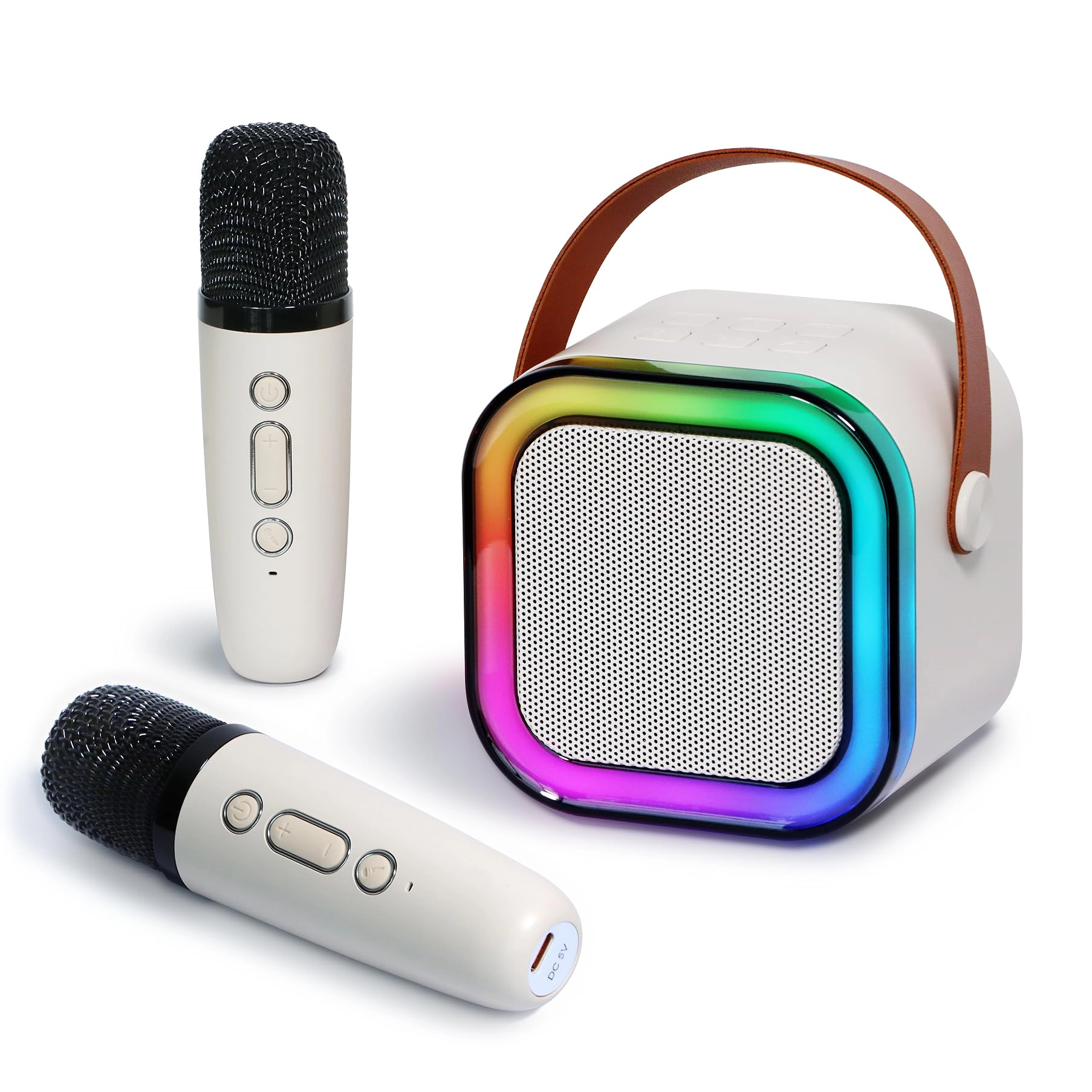 Pequeno portátil Bluetooth microfone karaoke caixa de som, Luzes LED dinâmicas embutidas, com 2 microfone sem fio, para infantil adultos familiares, ar livre, fogueira, festa presente : Instrumentos Musicais