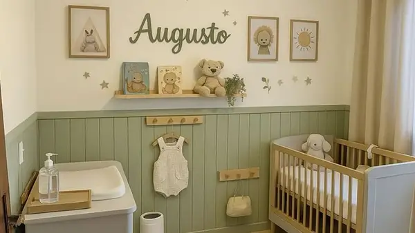 Quarto de bebê com berço de madeira, trocador, prateleira com ursinho de pelúcia e nome na parede em tons de verde