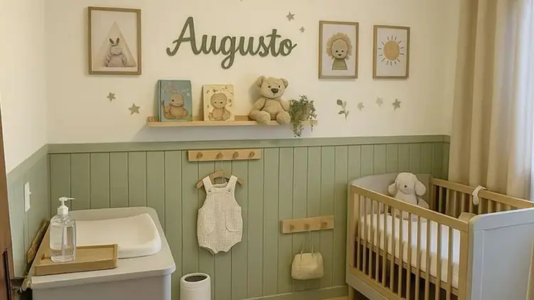 Quarto de bebê com berço de madeira, trocador, prateleira com ursinho de pelúcia e nome na parede em tons de verde
